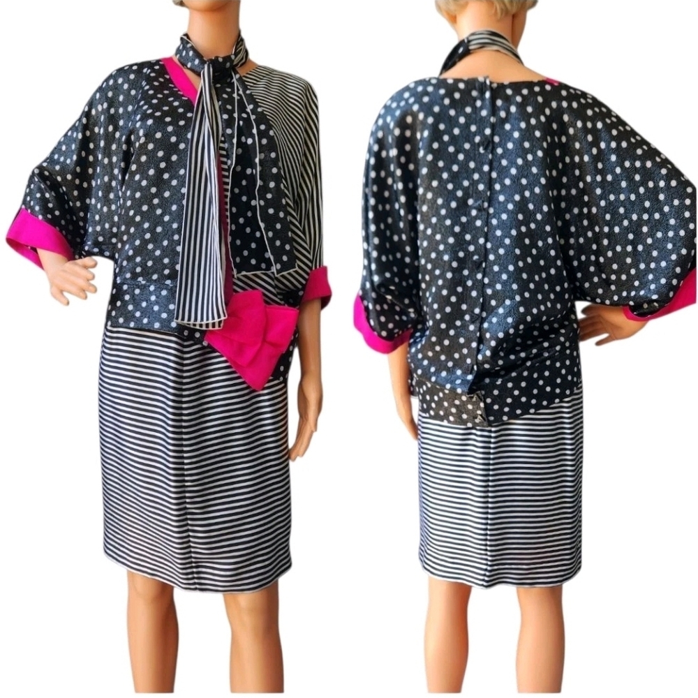 Vintage Roger Sakoun Paris Silk Stripes Polka Dot 3 Pcs Skirt Suit Set Size 40